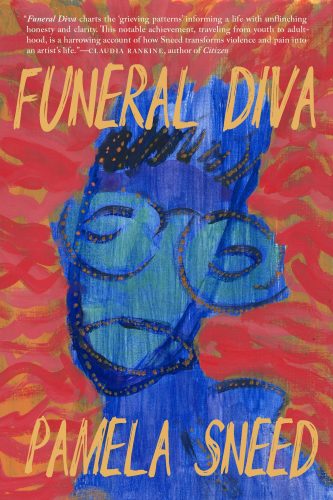 cover of Pamela Sneed's "Funeral Diva": abstract painting of a blue person on a mottled red and orange background