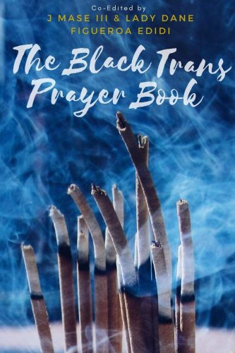 cover of "The Black Trans Prayer Book": a bundle of incense burning on a smoke-filled, blue background